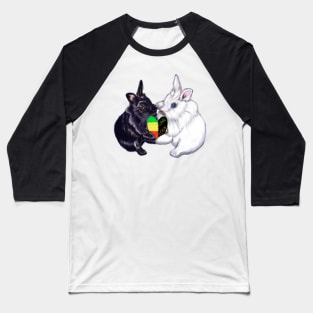 Reggae bunnies - bunny rabbits holding a love heart shape - pair of cute furry ebony and snow colored coloured lionhead bunny rabbit Baseball T-Shirt